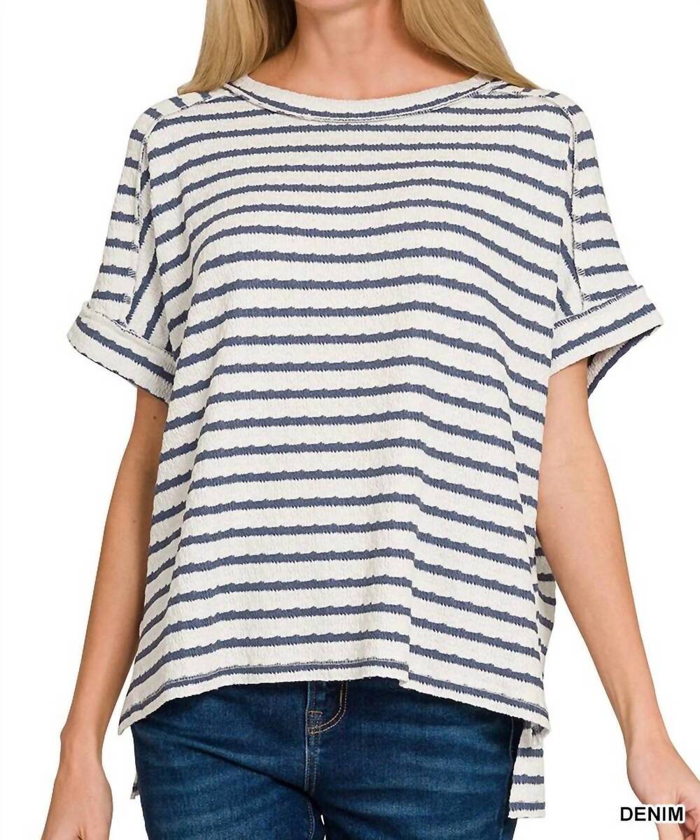 NEW ZENANA striped short sleeve top in denim